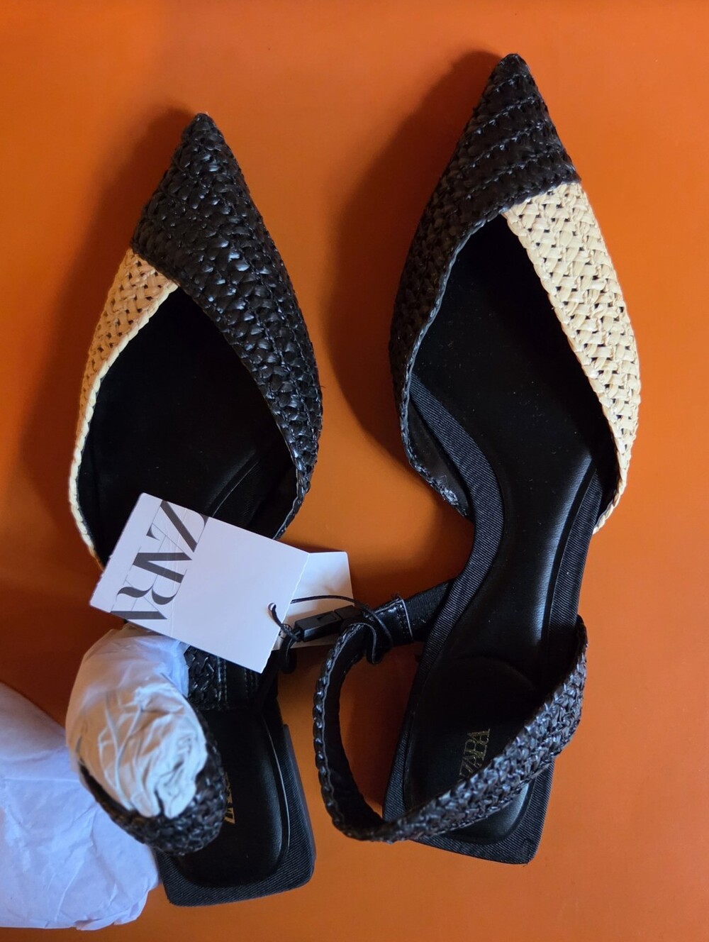 ZARA Woven Raffia Pointed Toe Slingback Flat Shoes Size US 9 EU 40 NWT Dust Bag